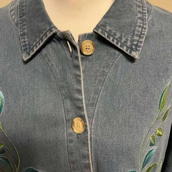 Denim Chore Jacket Teacher Chic Embroidery Jean Sz.L Cottage core - Picture 3 of 8